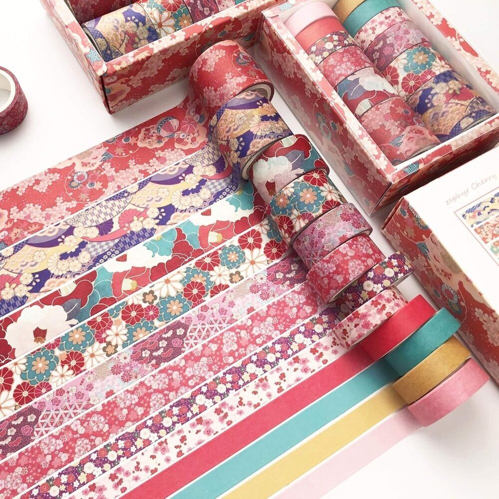12 Rolls Washi Tape Set, Cherry Blossoms Floral Pattern Washi Masking Tape for S - Picture 1 of 7